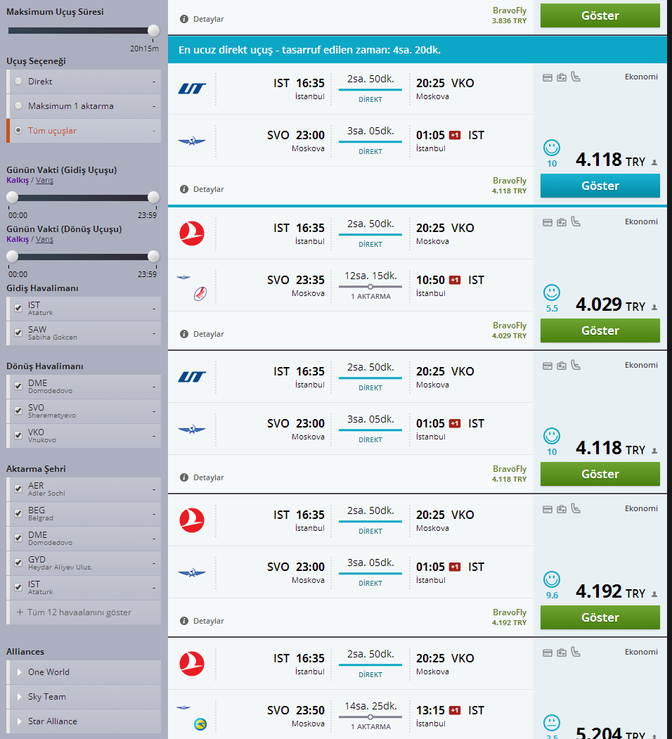 Moskova istanbul ucak bileti